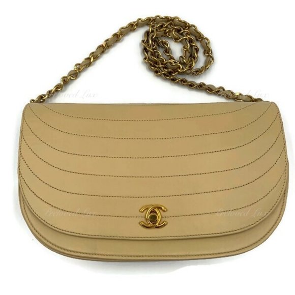 Authentic CHANEL Vintage Lambskin Half Moon Flap Bag Beige / gold hardware - Picture 1 of 17